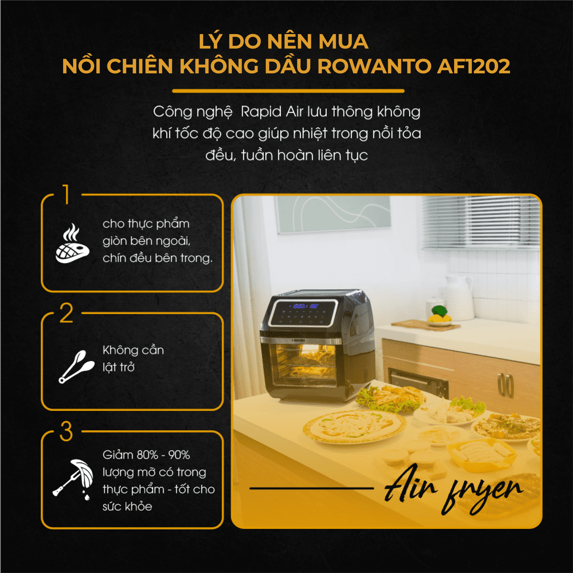 Nồi chiên không dầu, Nồi chiên không khí, máy chiên không dầu Rowanto AF1201 dung tích 12l màn hình cảm ứng LCD thiết kết thời trang vệ sinh dễ dàng Bảo hành 1 đổi 1