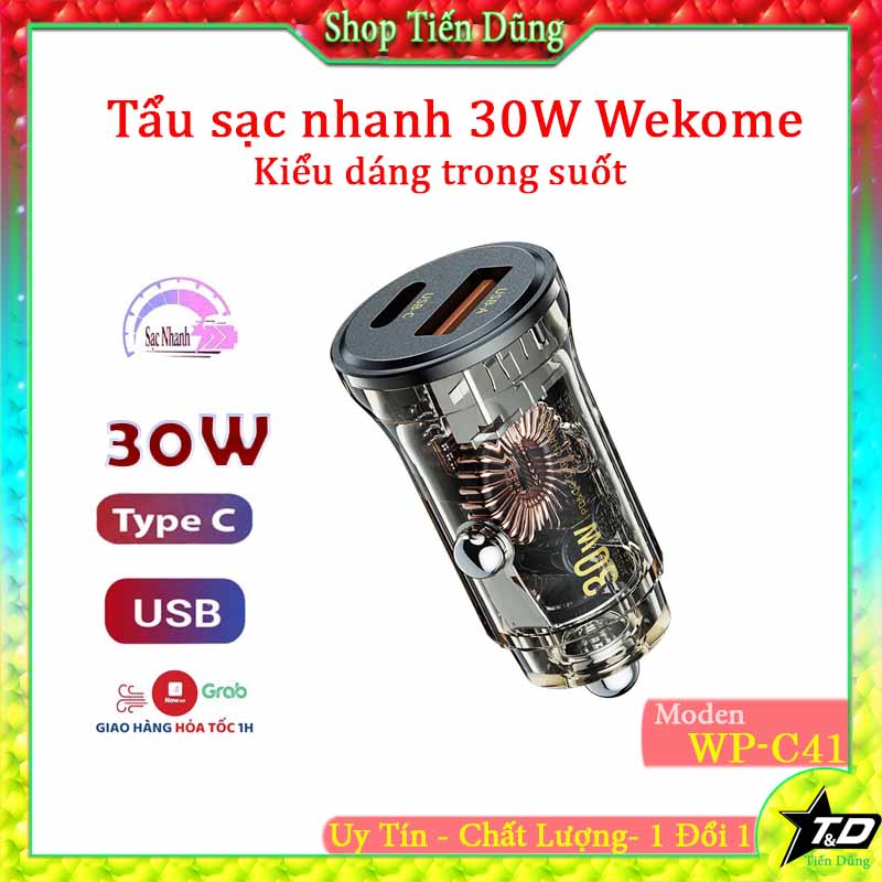 Tẩu sạc xe hơi oto nhanh 30w trong suốt wekome wp c41 có 2 cổng usb và type-c dùng cho các xe hơi