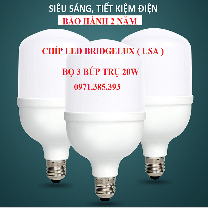 Bộ 03 bóng đèn led búp trụ 20w siêu sáng 200lm/w