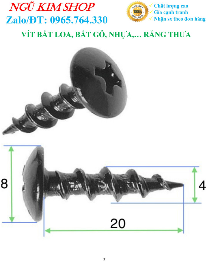VÍT BẮT LOA M4 x L _ RĂNG THƯA MẠ ĐEN