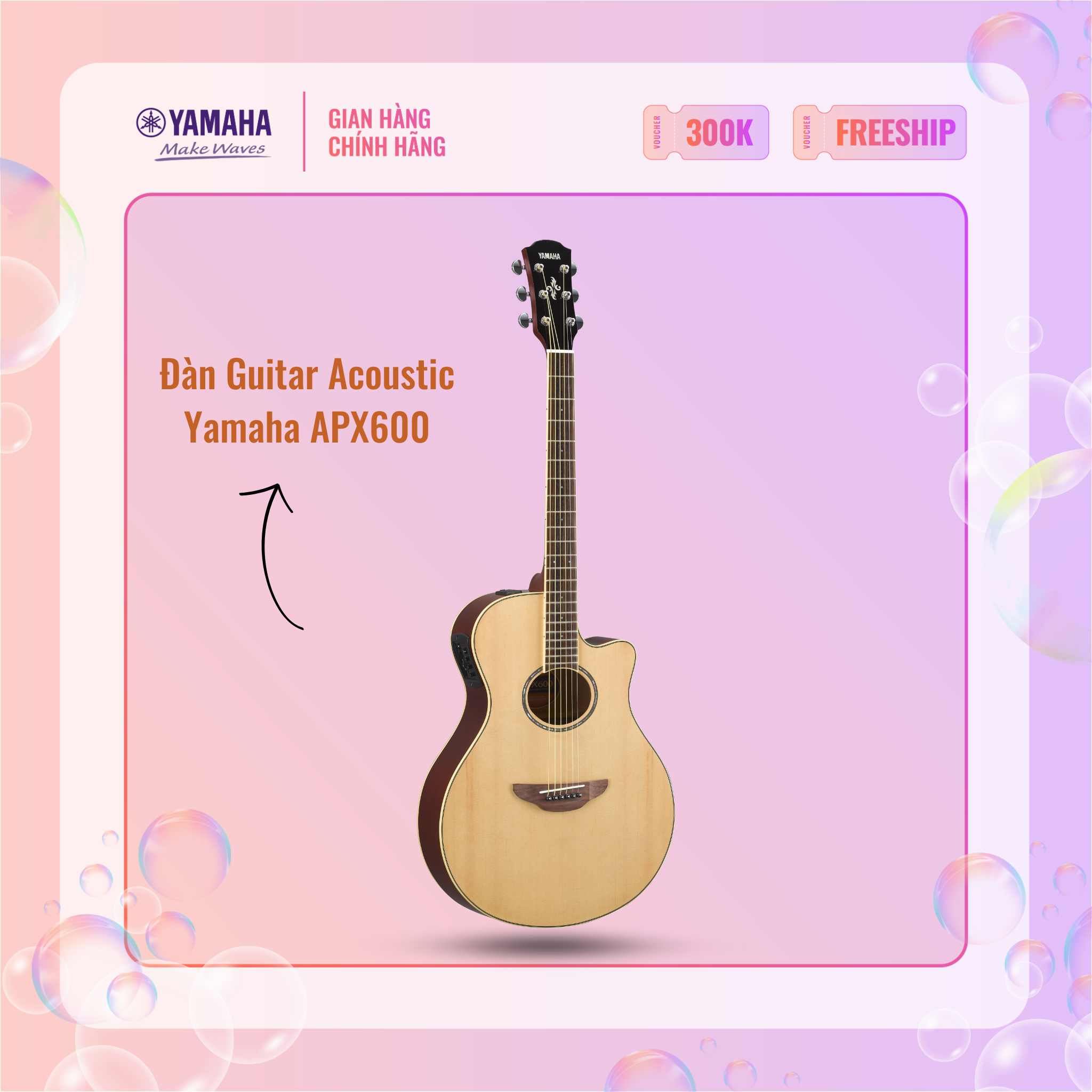 [Trả góp 0%] Đàn Guitar Acoustic YAMAHA APX600 - Thiết kế đặc biệt với thân đàn mỏng, lỗ âm thanh hình bầu dục, âm thanh dày dặn, bảo hành chính hãng 12 tháng