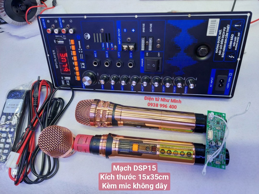 Combo mạch loa kéo dsp15 + mic không dây - kích thước 14,5x35cm dùng thùng bass 3 tấc - 4 tấc đôi/ đơn