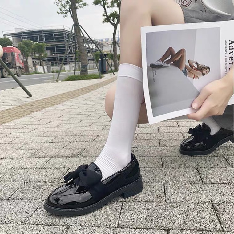 [Hoàn Tiền 15%]Giày búp bê nữ thắt nơ lụa đế cao 3p chất liệu da bóng dễ vệ sinh