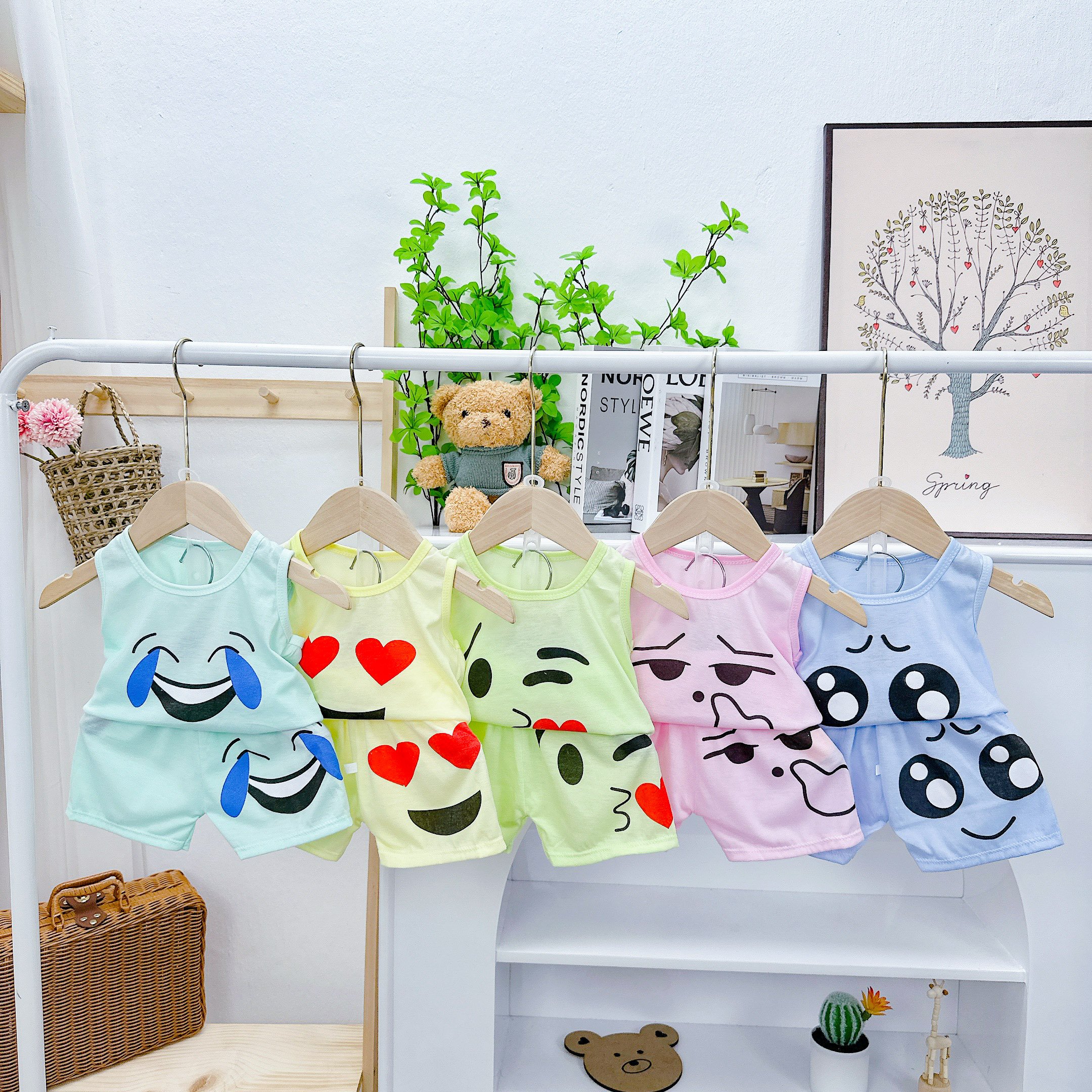 Set 5 bộ đồ hè cotton cúc vai cho bé yêu