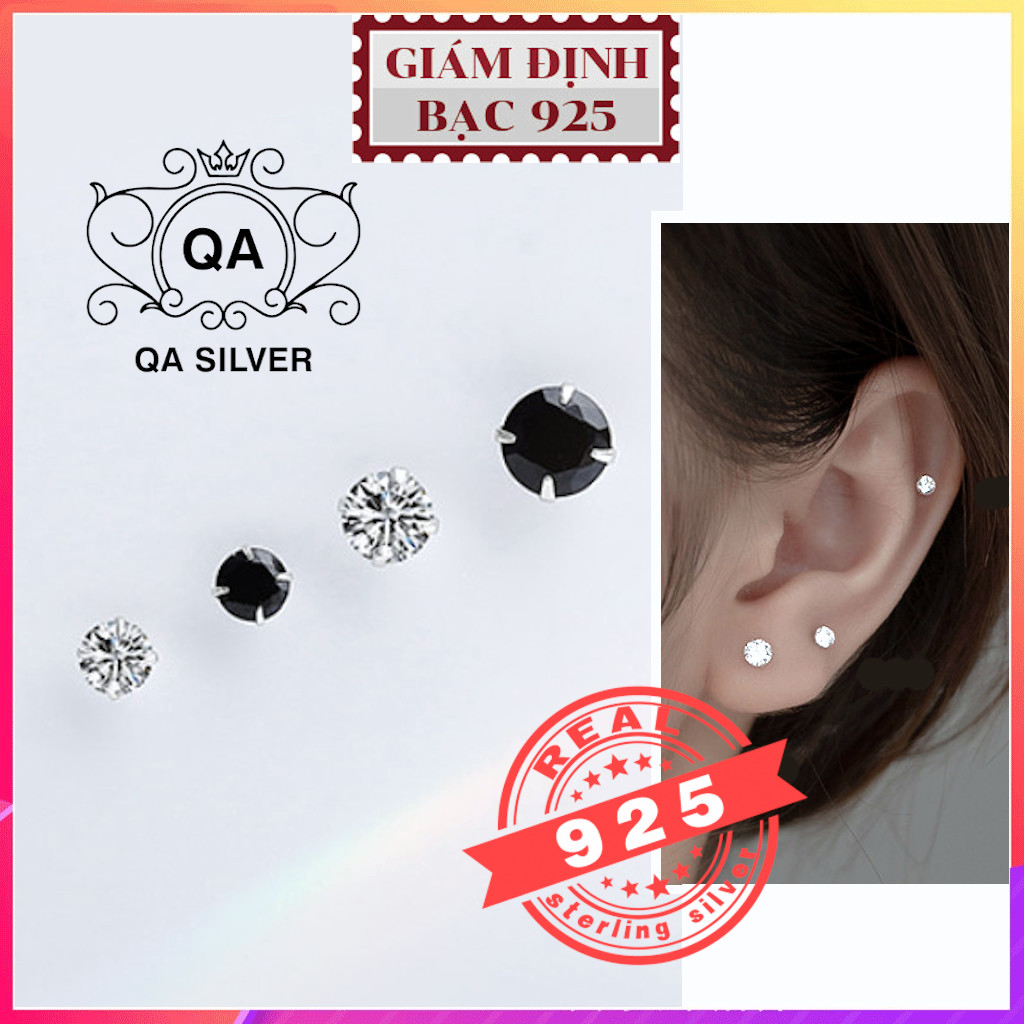 Bông tai bạc 925 đính đá đen trắng chấu khuyên nụ trơn nam nữ S925 BASIC QA SILVER Earrings EA170801