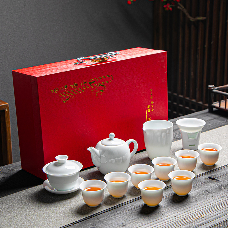 Bộ ấm chén pha trà đạo bằng sứ Bạch Định Thấu Quang