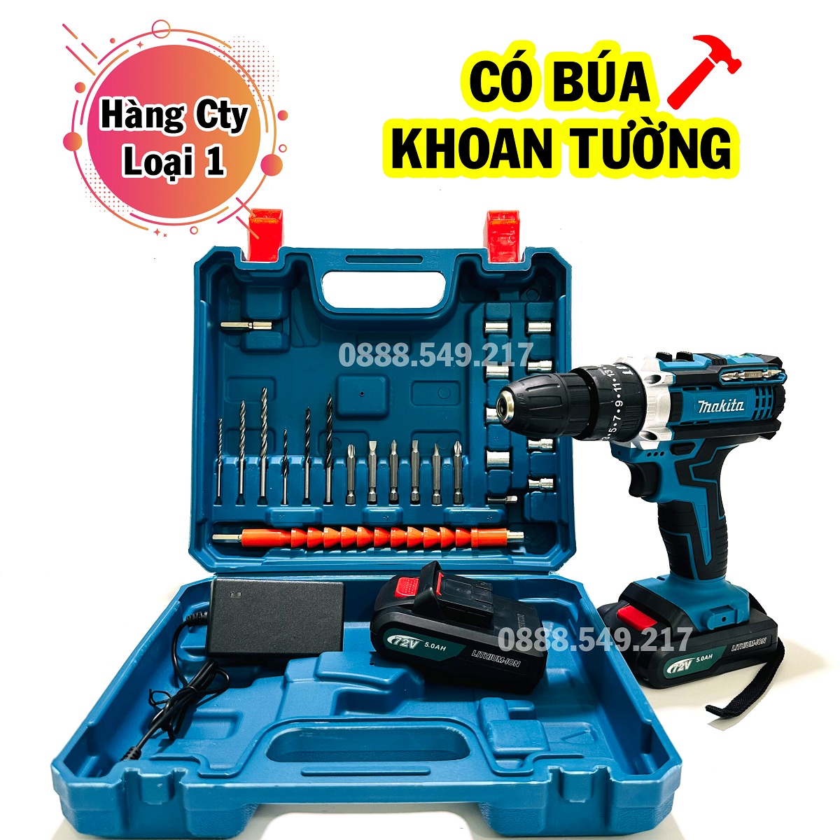 Máy khoan Bê Tông Máy Khoan Pin Bãi Nhật Máy khoan pin Makita 3 chức năng có búa siêu khỏe - Tặng kè