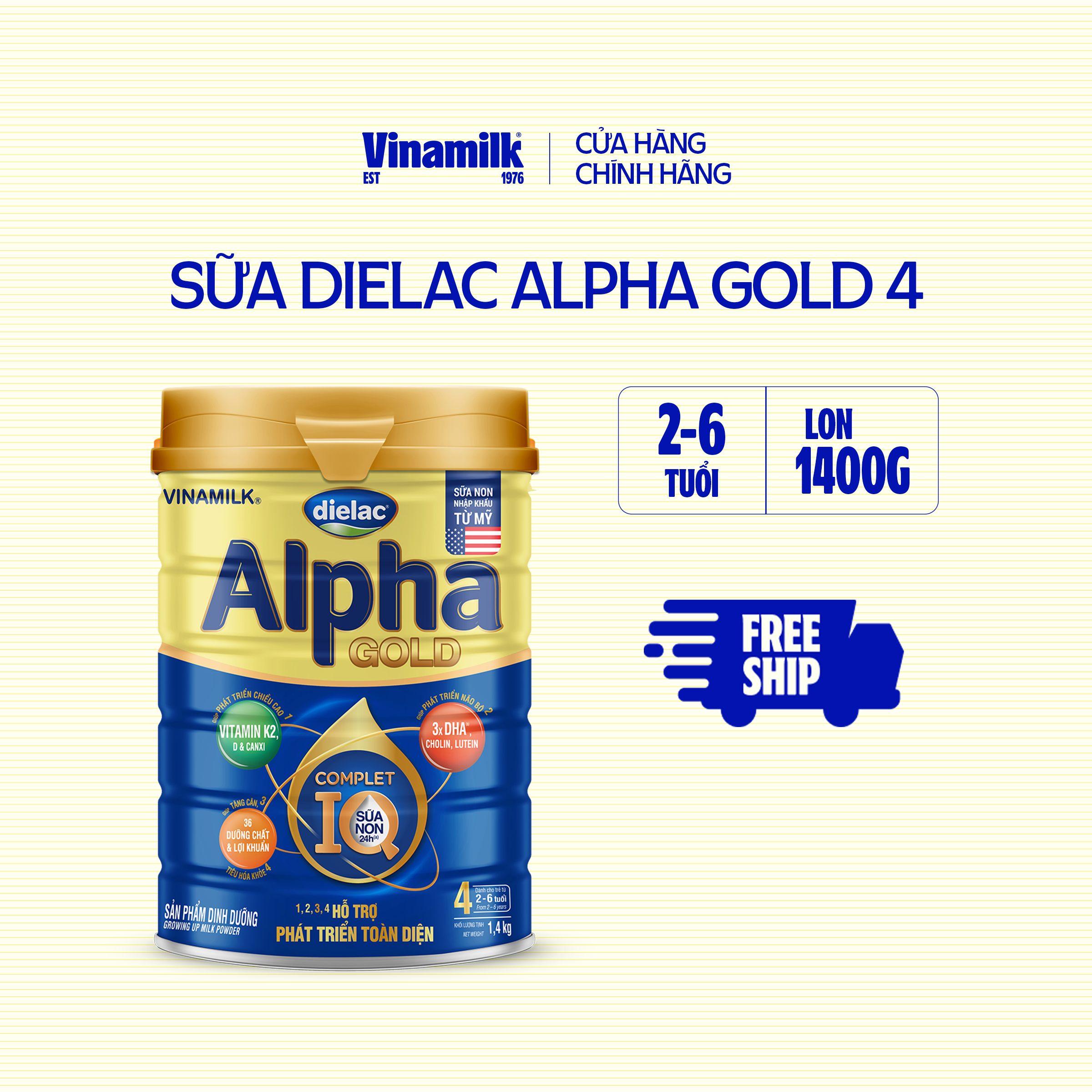 Sữa Bột Vinamilk Dielac Alpha Gold 4 hộp 1400g (Cho Trẻ Từ 2- 6 tuổi) - Sữa công thức hỗ trợ phát triển trí não của trẻ, tăng cân, chiều cao