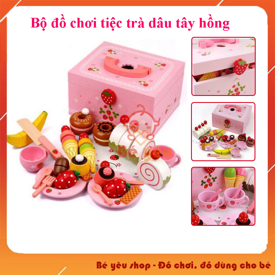 Bộ Đồ Chơi Tiệc Trà Dâu Tây Hồng Mô Phỏng Mother Garden - Đồ Chơi Gỗ An Toàn Cho Bé