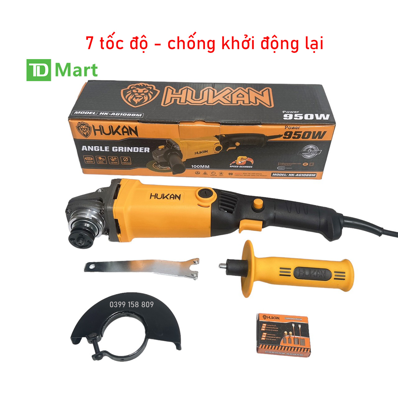 Máy mài góc hukan hk-ag1088m có điều chỉnh 7 cấp tốc độ - chống khởi động lại công suất 950w.
