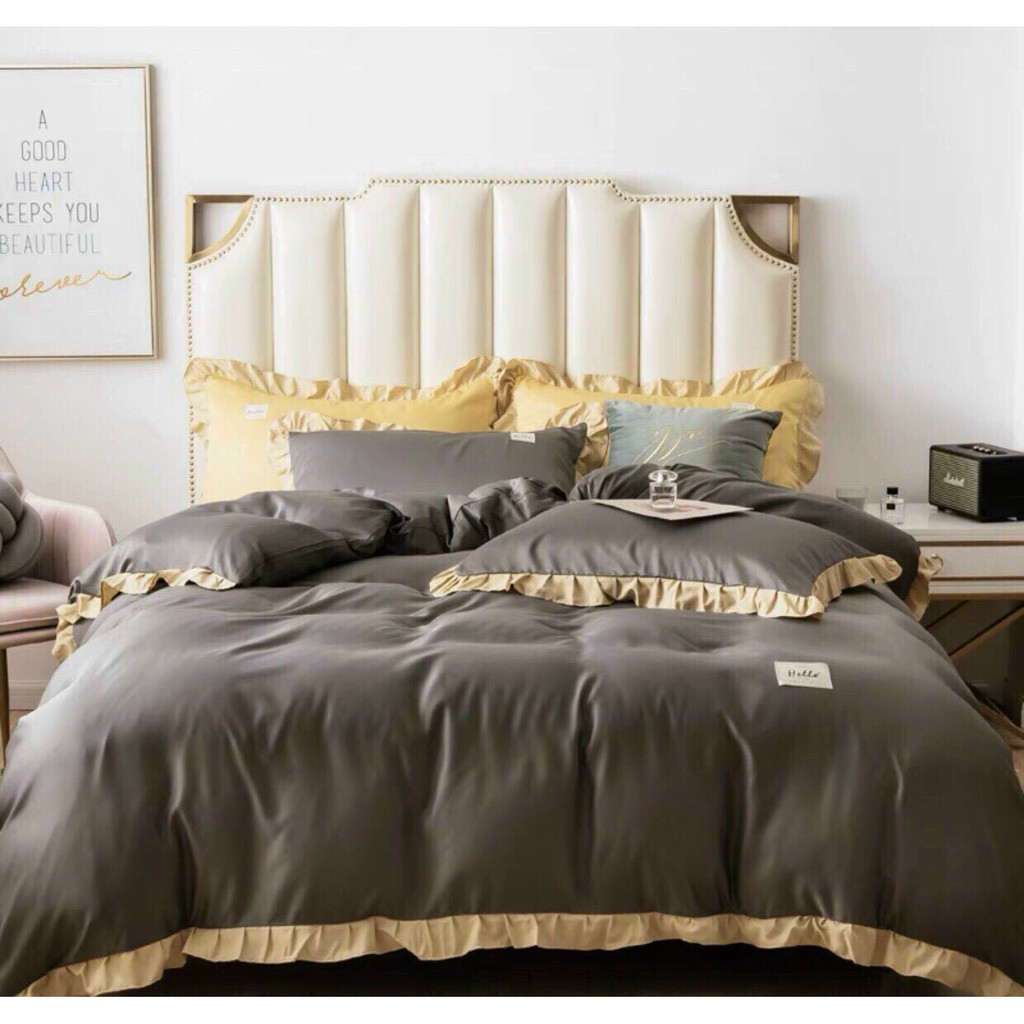 Bộ chăn ga gối EmmiBedding chất liệu Cotton Tici Viền Bèo tiểu thư , set 4 món gồm vỏ chăn, ga trải giường, đôi vỏ gối nằm - EmmiBedding Store