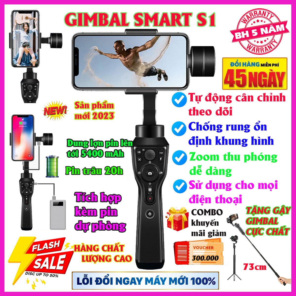 GIMBAL SMART S1 chống rung điện thoại cao cấp, chụp ảnh chuyên nghiệp, tự động cân chỉnh, thu phóng cực tốt, gimbal giá rẻ, Pin siêu trâu, bền đẹp