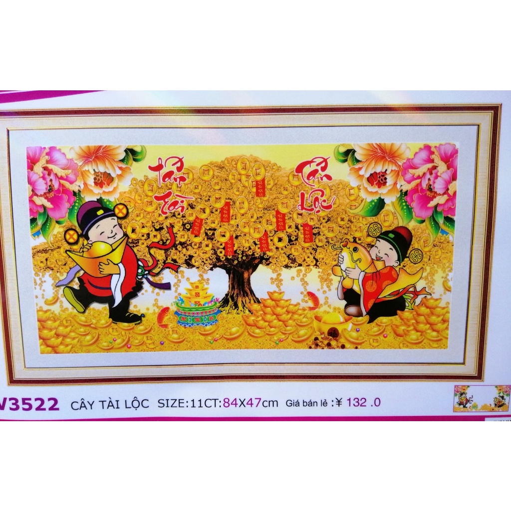 Tranh thêu chữ thập Cây tiền Tấn tài tấn lộc LV3522
