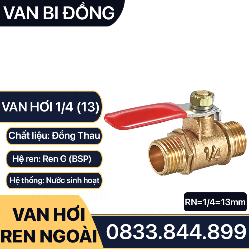 Van Hơi Đồng Phi 13, Van Hơi Đồng 1/4 (13) Hai Ren Ngoài - Kèm Đuôi Chuột 8mm