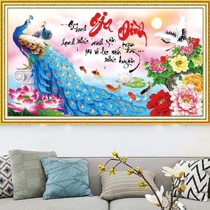 Tranh thêu gia đình công xanh hoa mẫu đơn LV3429 kích thước 100*55