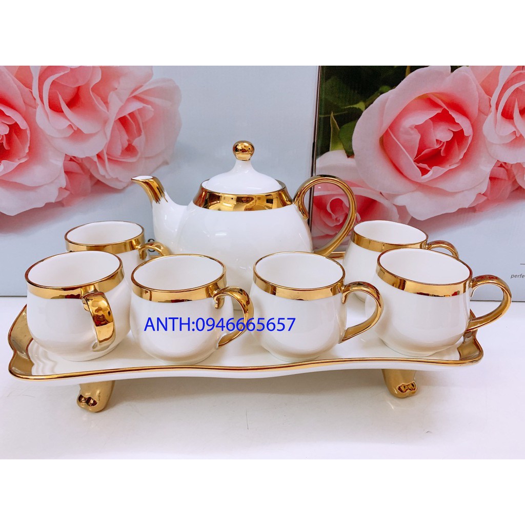 Bộ ấm chén tay tròn kèm khay sứ có chân pha trà cà phê trắng vàng phong cách hoàng gia sang trọng
