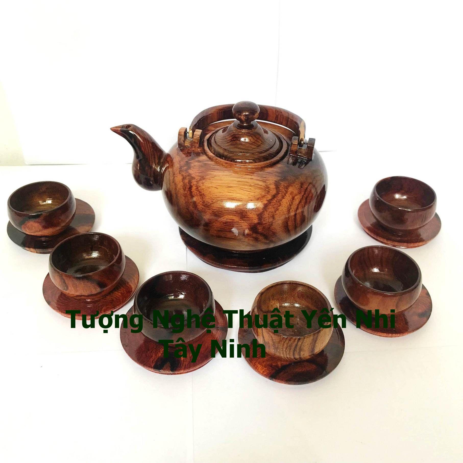 Bộ ấm chén trà gỗ Cẩm cao cấp có dĩa (1 ấm+ 6 chén + dĩa)