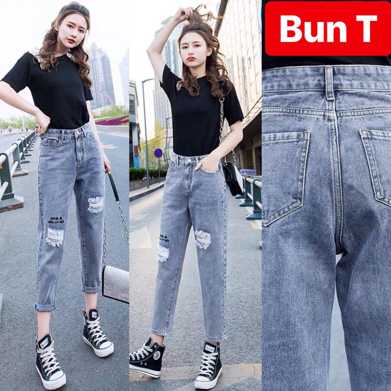 QUẦN BAGGY JEAN NỮ CHẤT BÒ XANH RÁCH IN CHỮ LƯNG CAO NÂNG MÔNG NHẬT BẢN TAKASHI T&T-3051- TRANGBUN FASHION