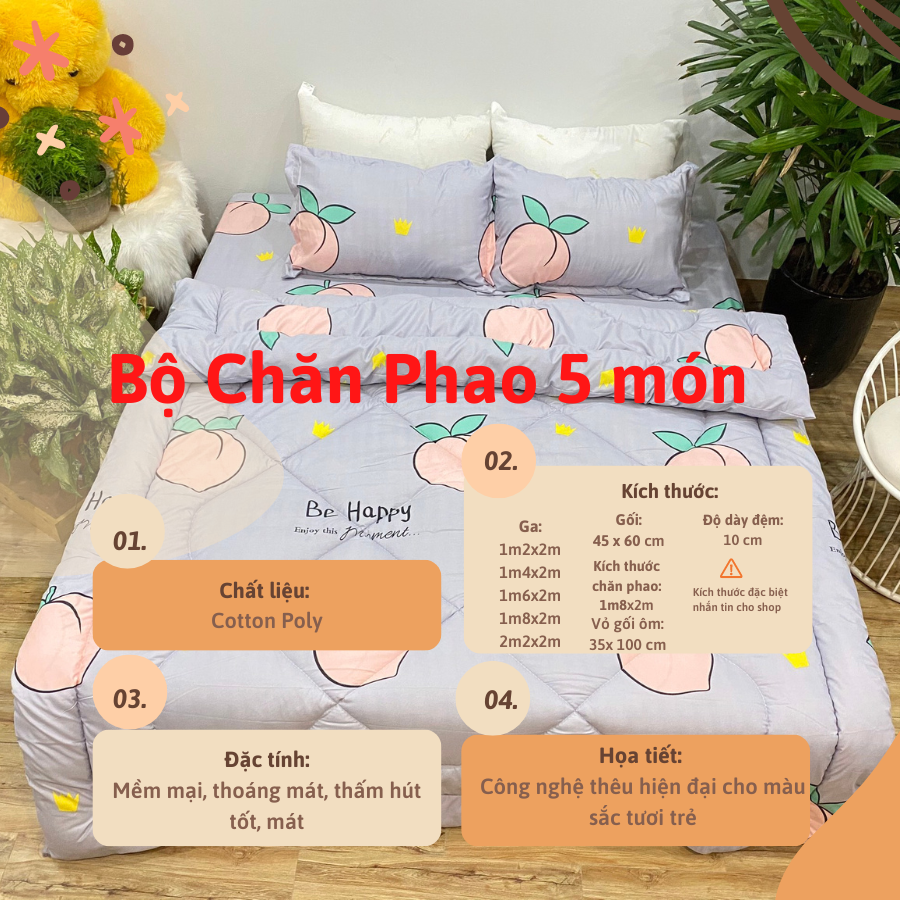Bộ Chăn Phao 5 Món Mẫu Đào Tím Mã P38 ( Gồm 1 Chăn Phao, 1 ga bo chun,2 vỏ gối nằm và 1 vỏ gối ôm)