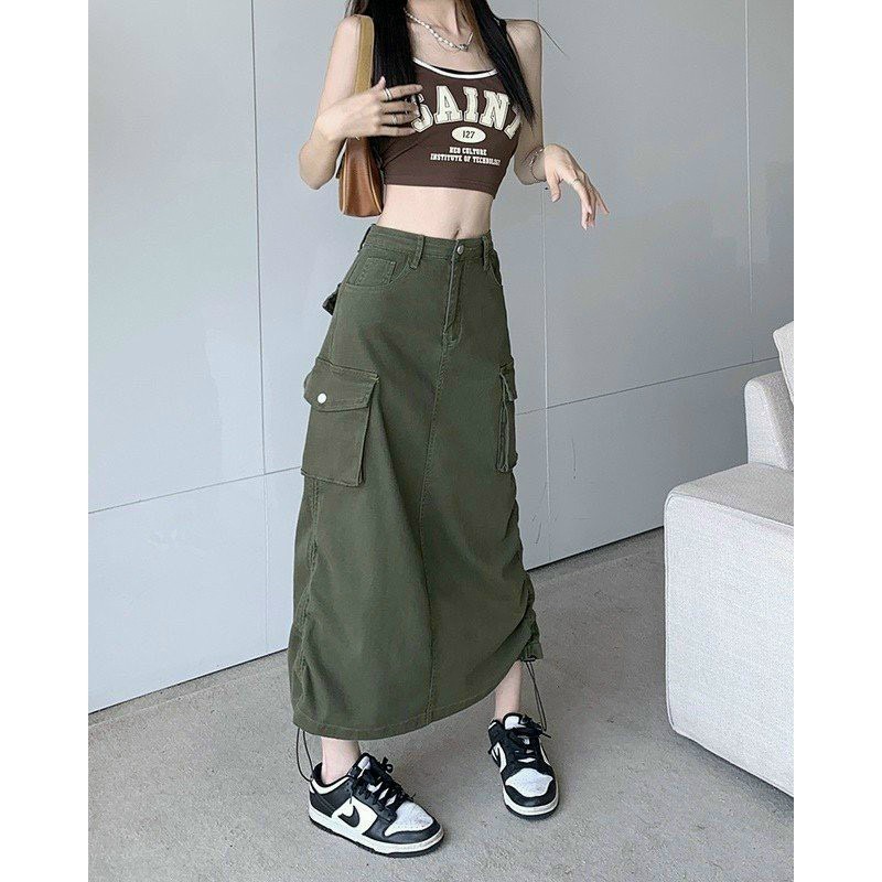 Chân váy kaki dài dây rút chân váy đứng form suông lạ mới hot trend chân váy midi maxi - city jeans