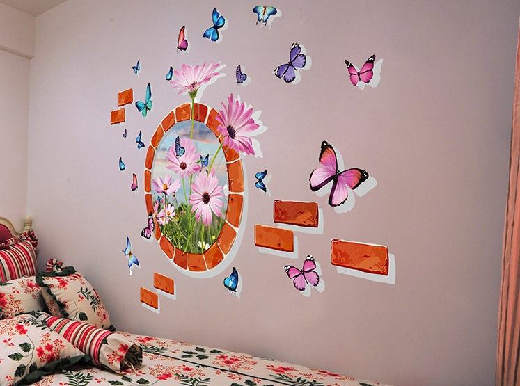Decal dán tường cửa sổ hoa và bướm