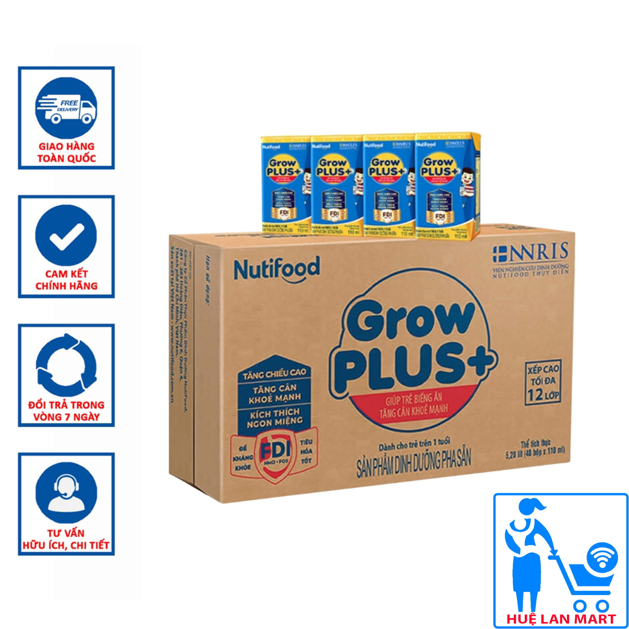 Sữa Bột Pha Sẵn Nutifood Grow Plus+ Xanh Hương Vani Thùng 48 Hộp x 110ml (Dinh dưỡng hiệu quả giúp trẻ tăng cân khỏe mạnh từ 1~10 tuổi)