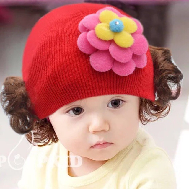 Mũ len mùag kèm tóc giả cho bé gái