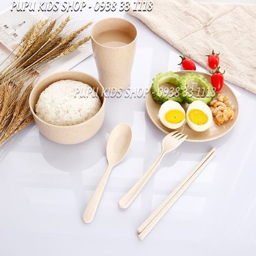 Set Ăn Dặm Lúa Mạch Gồm Đĩa Bát Cốc Thìa Nĩa Đũa Cho Bé