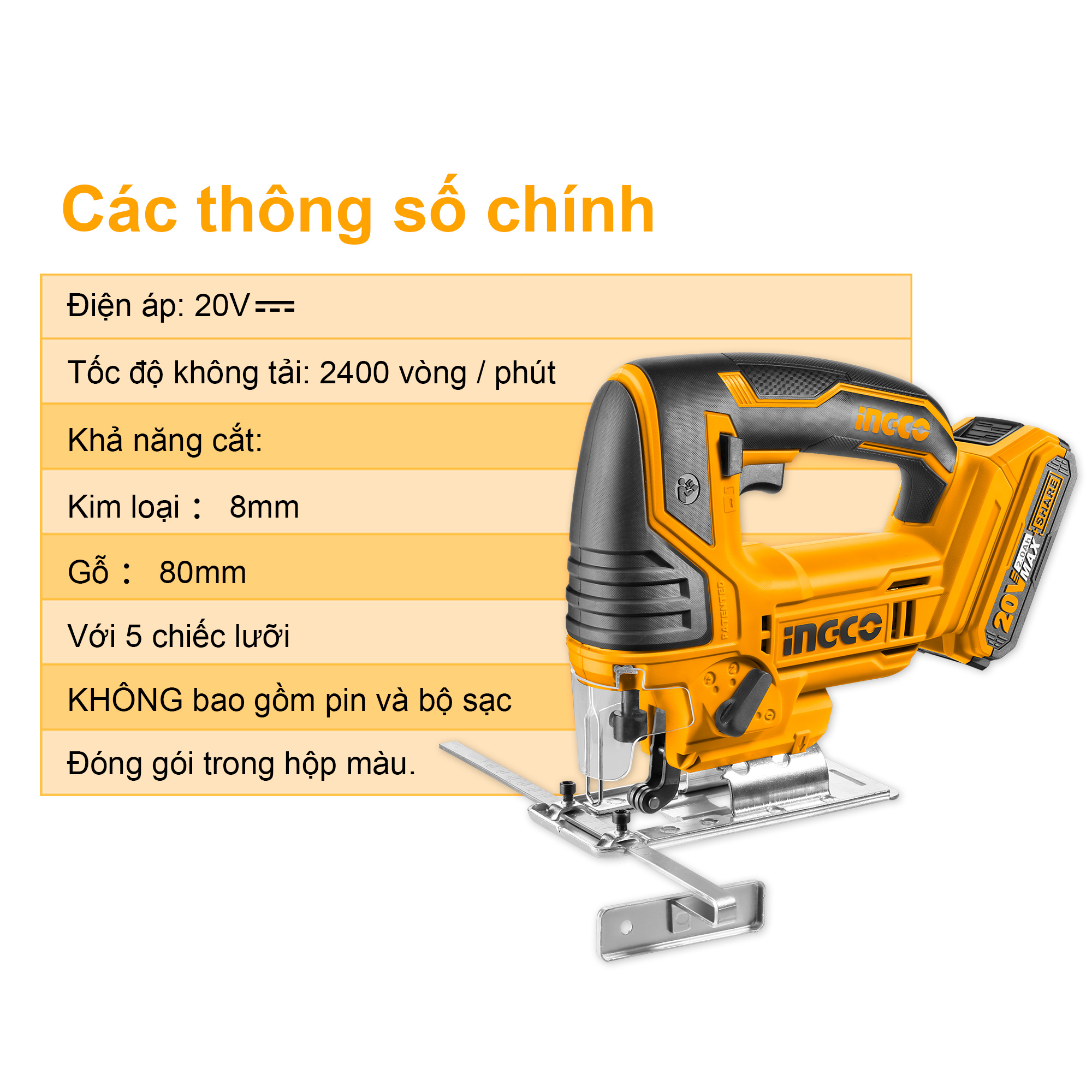 Máy cưa lọng dùng pin 20V INGCO CJSLI8501 (không kèm pin và sạc)