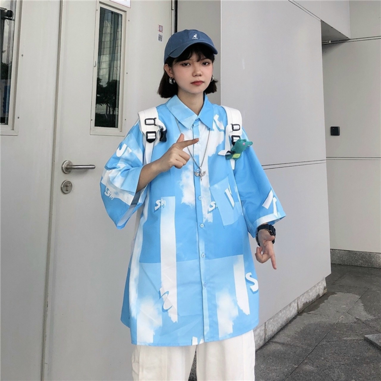 Áo sơ mi nam nữ form rộng họa tiết chữ SKY mẫu mới cực cá tính