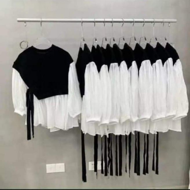 Áo babydoll cột nơ phối trắng đen