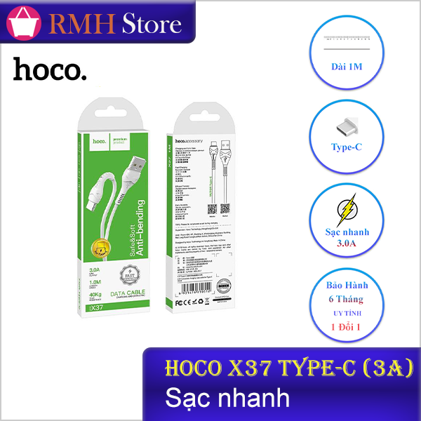 [Thương Hiệu HOCO] Cáp sạc X37 Type-C (3A, Sạc Nhanh,  1 Mét)  - màu trắng