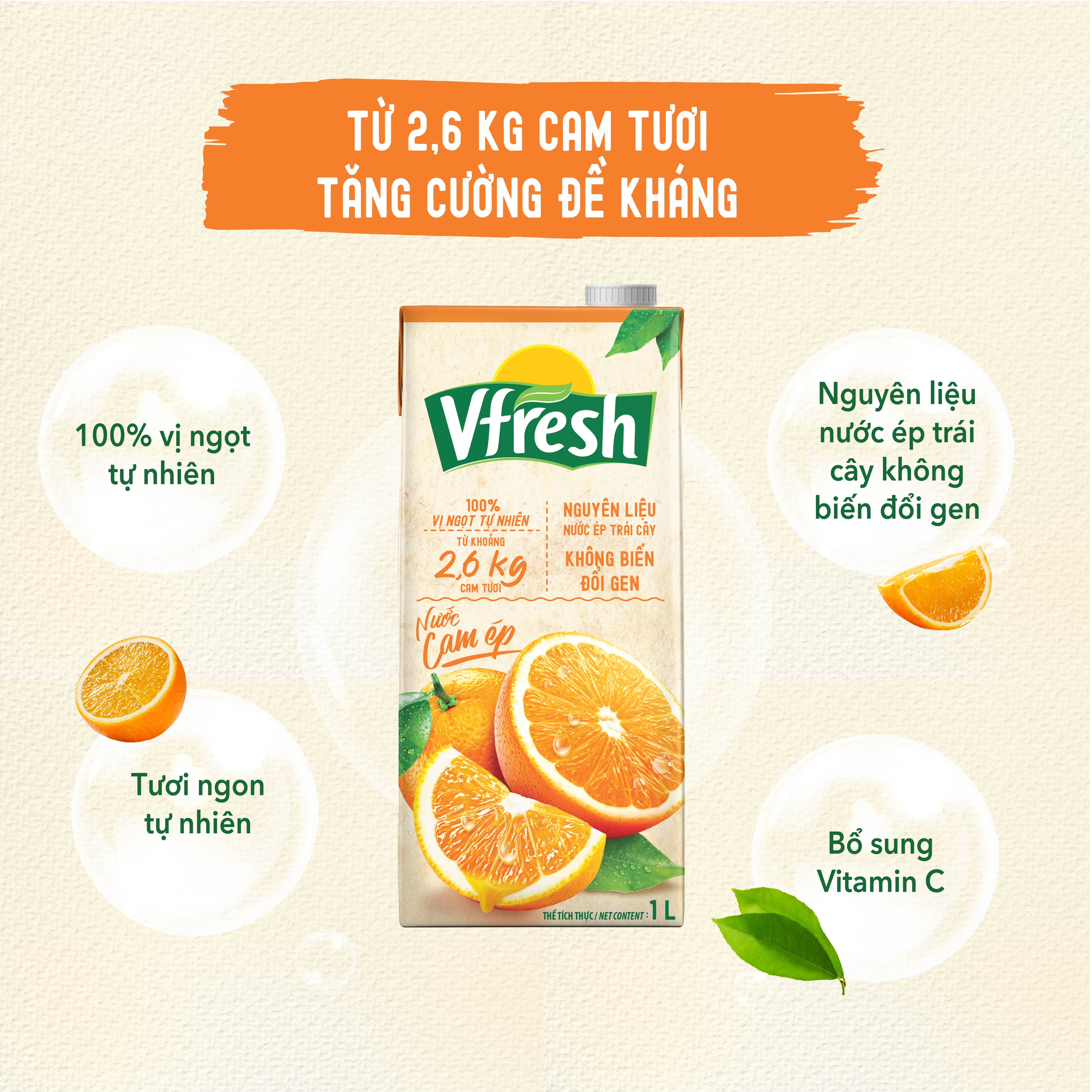 Thùng 12 hộp Nước Vfresh cam ép 100% Hộp giấy 1L