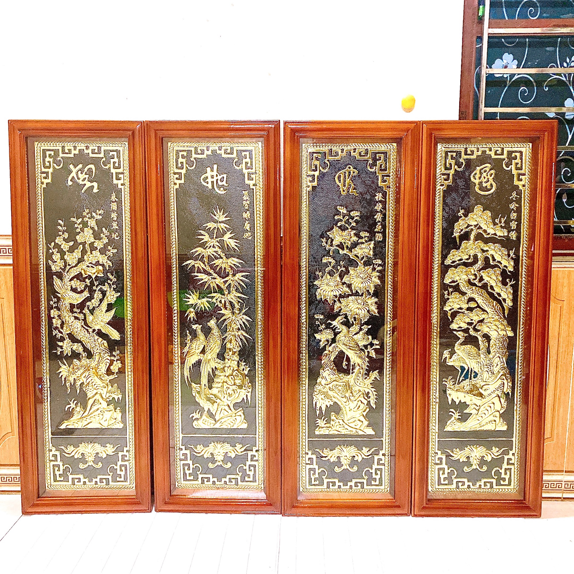 TRANH TỨ QUÝ 40x120 cm nặng 20 kg chất liệu bằng đồng 💯 khung gỗ