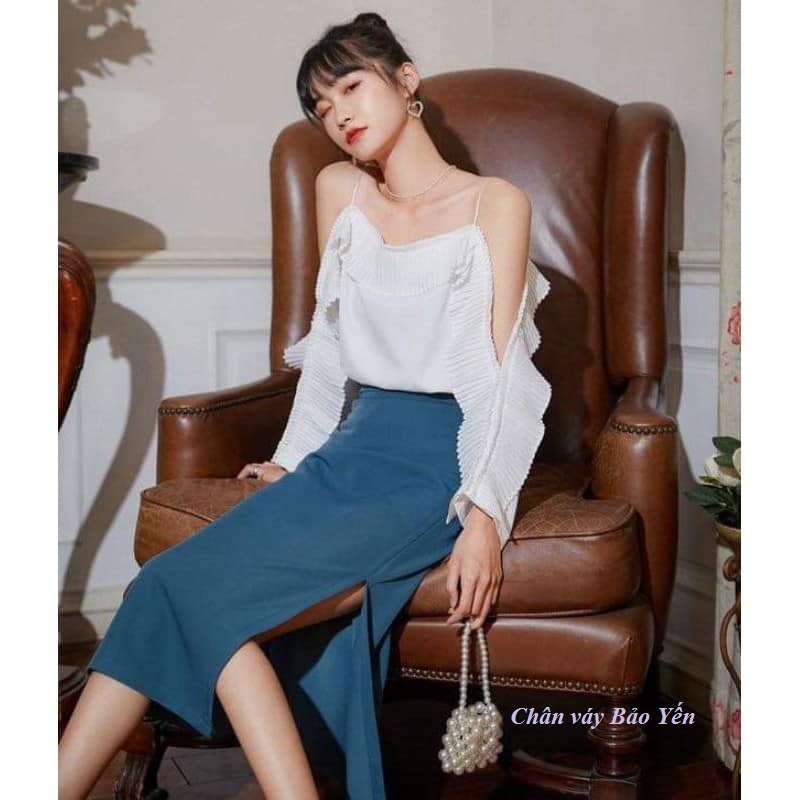 Chân váy midi A xẻ đùi dài 70cm