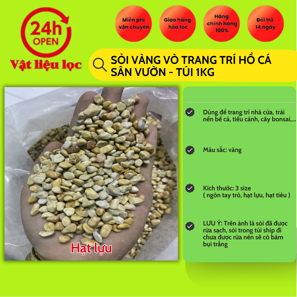 Sỏi Vàng Vò Trang Trí Bể Cá Trang Trí Sân Vườn (1kg)