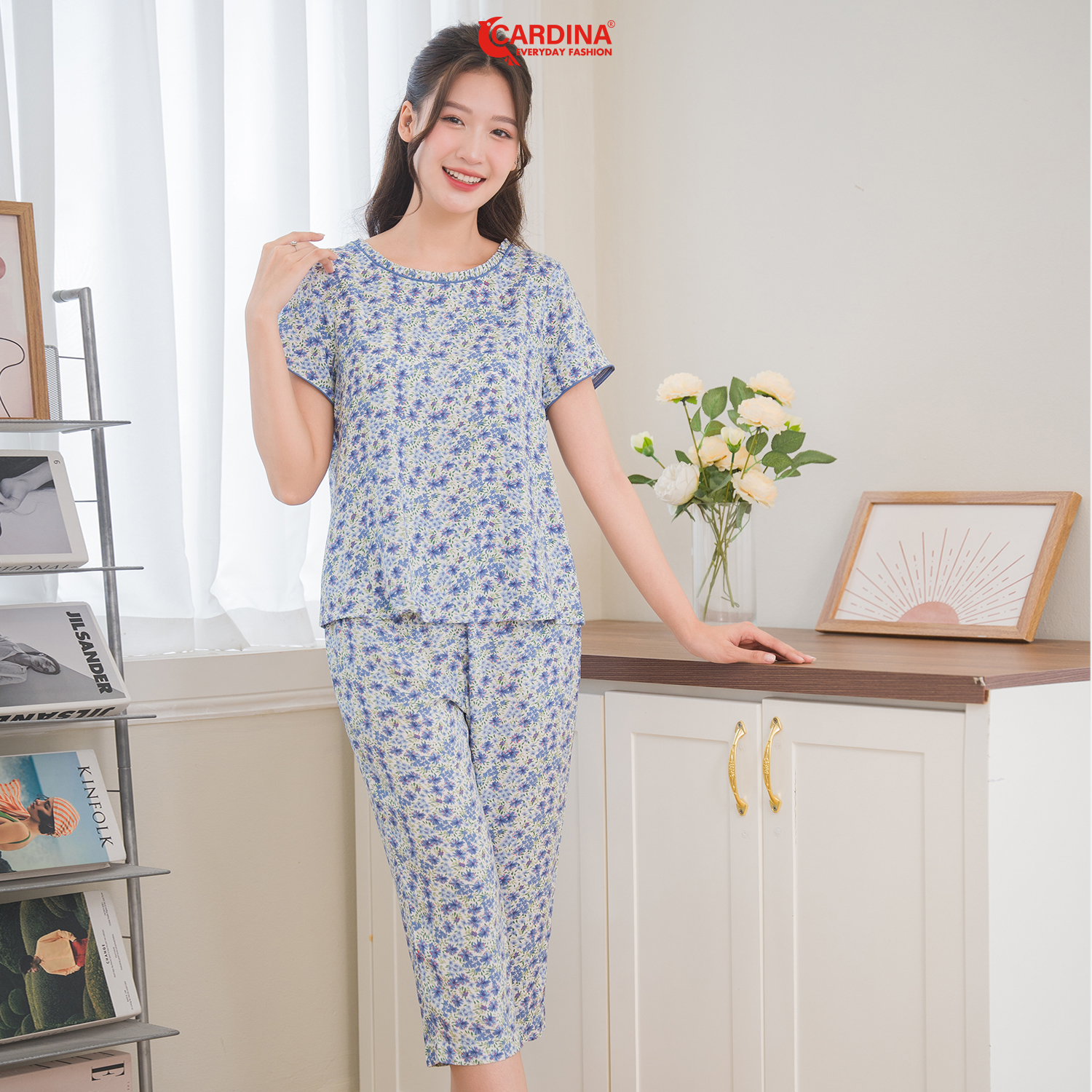 Đồ bộ nữ cardina chất lanh nhung cao cấp quần lửng cộc tay xếp bèo cổ có lé họa tiết 3lf05