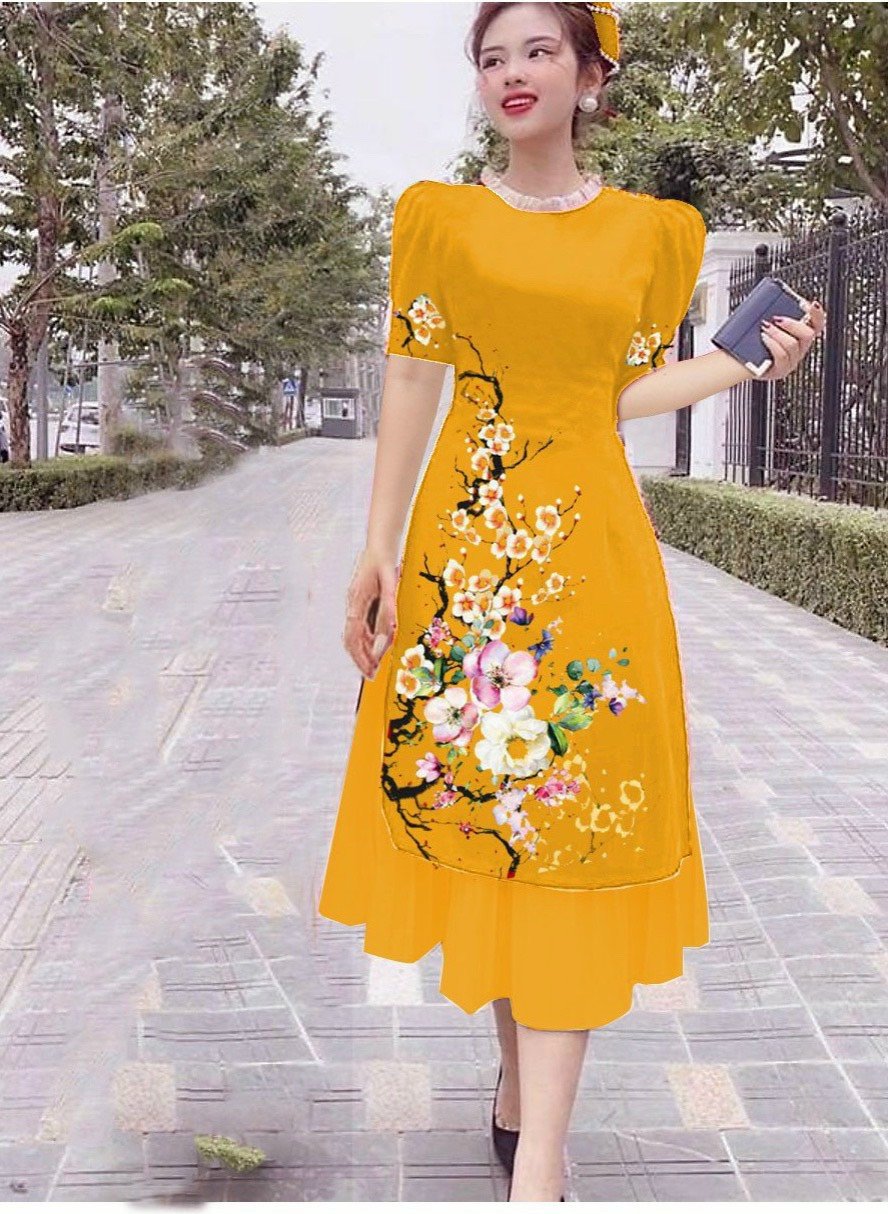SÉT ÁO DÀI CÁCH TÂN IN HỌA TIẾT CÀNH ĐÀO