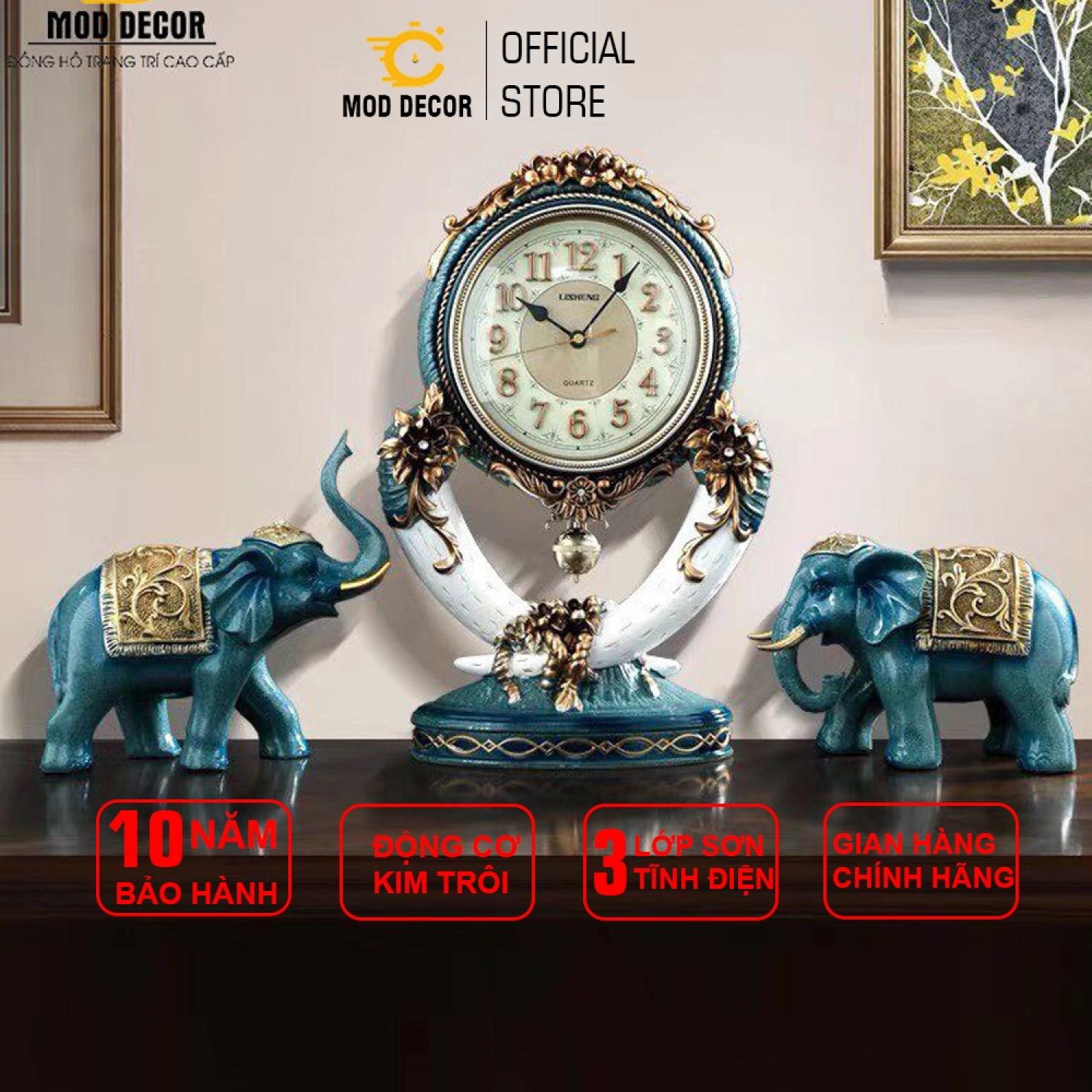 Đồng hồ đề bàn combo bộ 3 chi tiết voi xanh mod decor 1482-81 cao cấp cho phòng khách