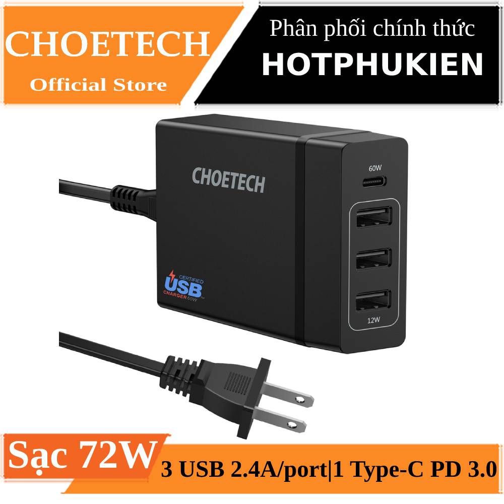 Cóc củ sạc nhanh 72w 3 cổng usb & 1 cổng pd type-c hiệu choetech 1c3ueu-101bk cho điện thoại / máy tính bảng / macbook / laptop - phân phối bởi hotphukien