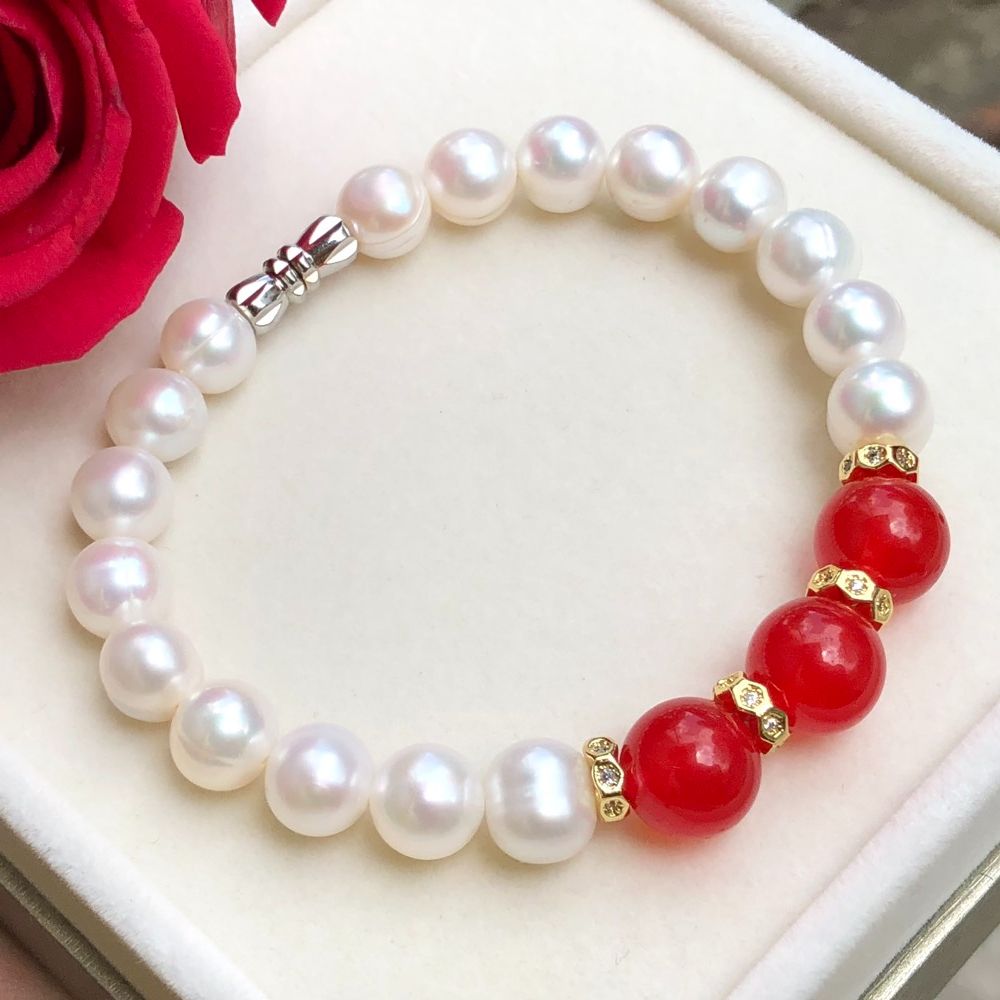 Vòng Tay Ngọc Trai Phối Đá Thạch Anh Đỏ