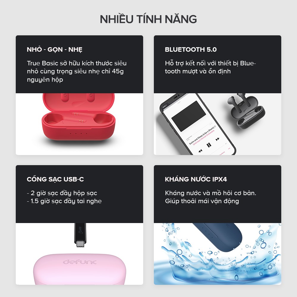 [FreeshipMAX] Tai Nghe Bluetooth Không Dây True Wireless Defunc True Basic BT 5.2, Cảm Ứng, Kháng Nước IPX4, Pin Lên Đến 22H, Màu Sắc Thời Trang - Chính Hãng ?Bảo Hành 12 Tháng