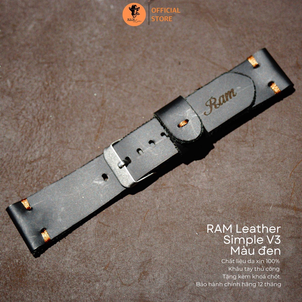 Dây da đồng hồ Siêu bền Da Bò Màu Đen RAM Leather V3