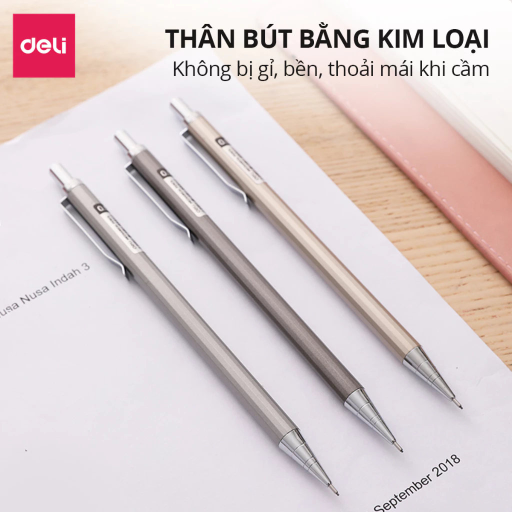 Bút chì kim bấm kỹ thuật 0.5mm/0.7mm Deli kèm đầu tẩy thân kim loại chắc chắn, chống hao mòn