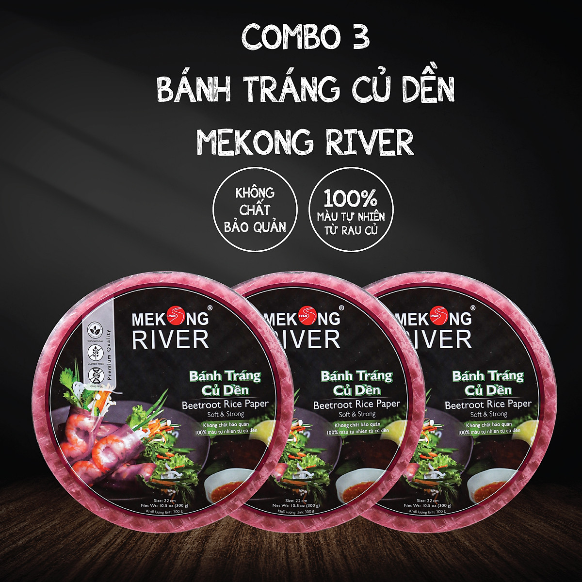 Combo 3 gói Bánh Tráng MeKong River Củ Dền - 16cm