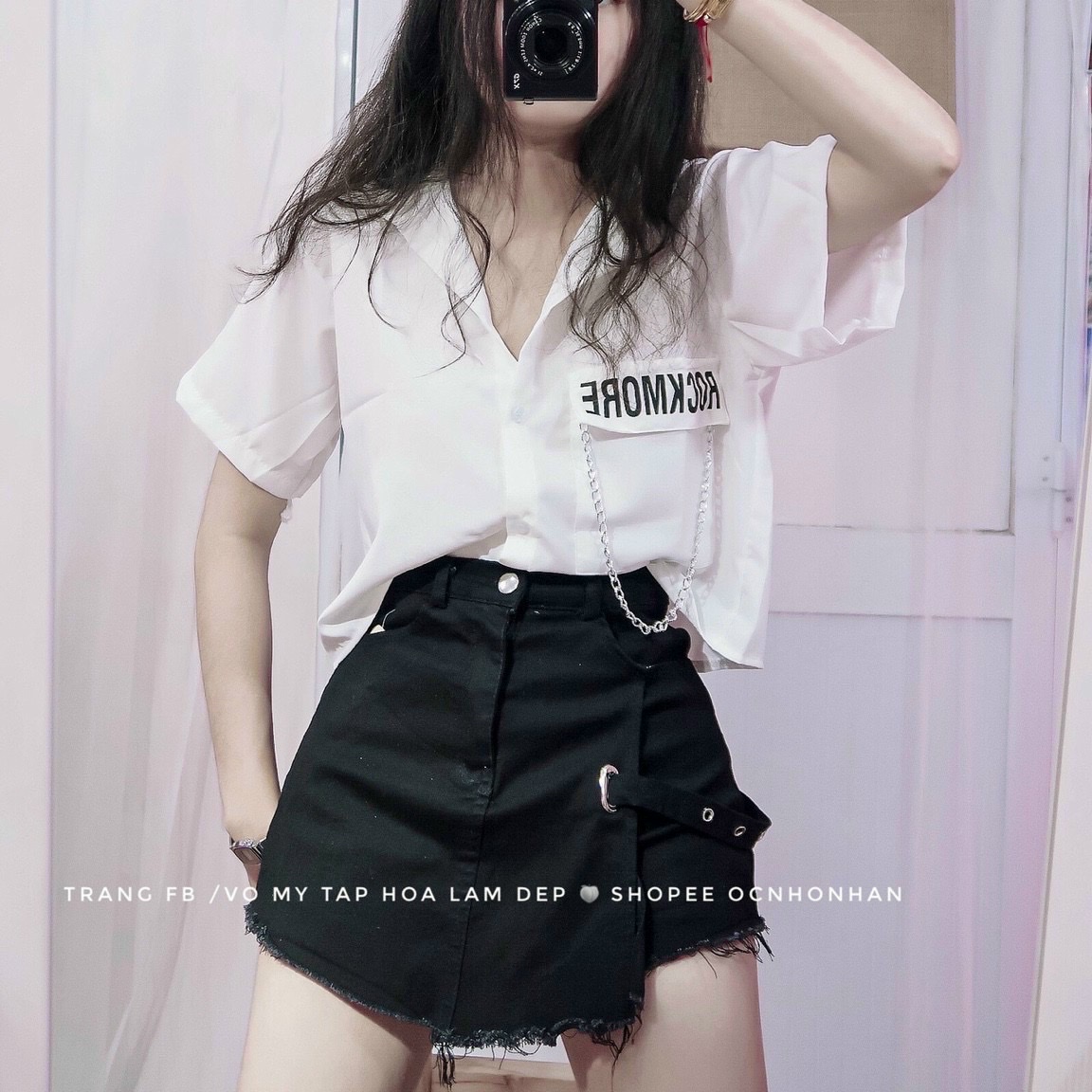 Áo sơ mi croptop tui dây xích form 50kg trở lại