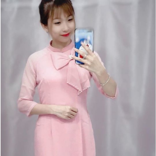 Áo dài xanh và hồng đỗ đính nơ sang trọng 4 tà