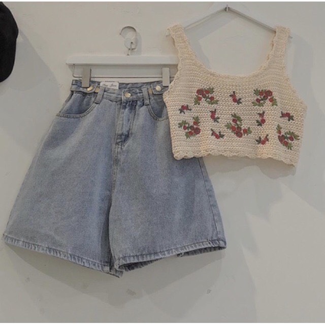 Quần Short Jean Lưng Cao Phối 2 Nút