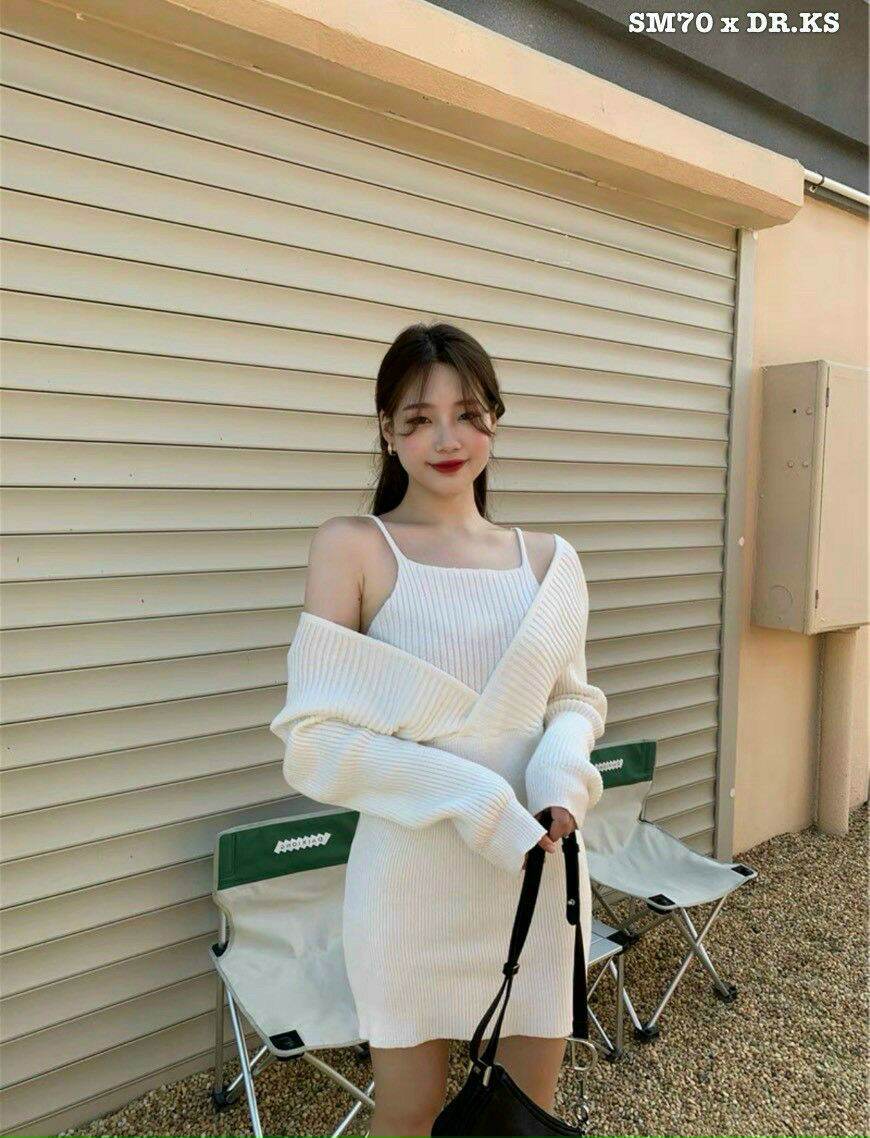 Đầm ôm cổ v gân đũa siêu xịn