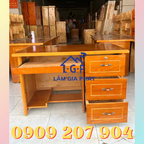 Bàn làm việc gỗ sồi khay bàn phím - 3 hộc kéo phủ pu chống nước